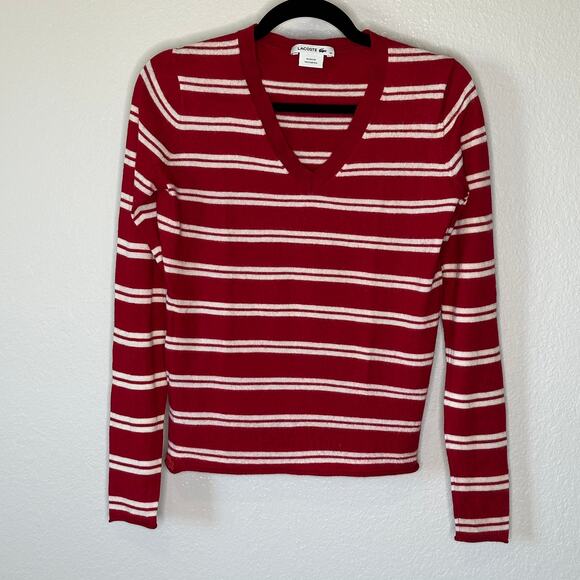 Lacoste Women's Long Sleeve V-neck Striped Sweater Merino Wool Red Cream Size M - Picture 1 of 12